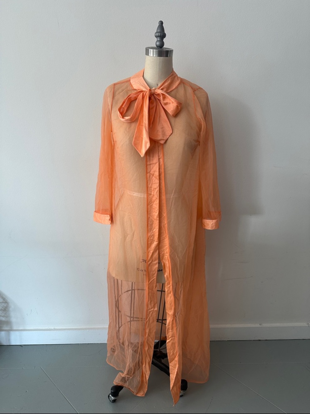 Vintage Sheer Bow Tie Long Duster - Peach/Coral